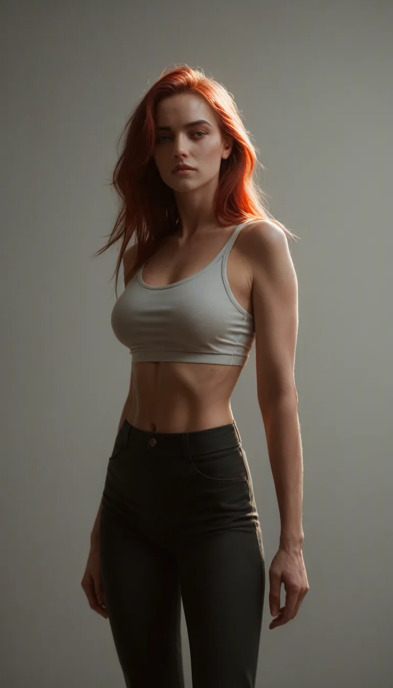 lifelike, red hair, slim, loosing pants, dramatic lighting, film photography