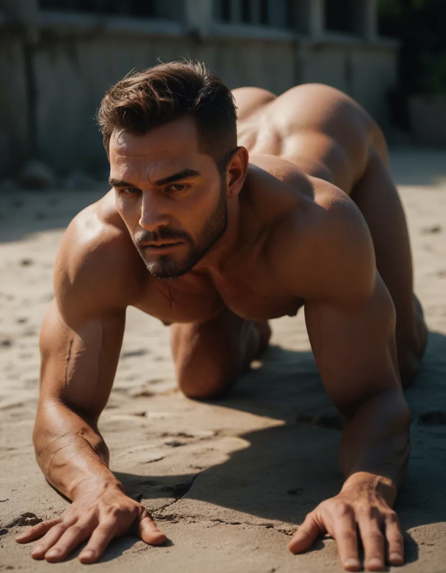8k, sharp focus, detailed skin, 1boy, scar, collared shirt, on all fours, day, extreme close-up, film photography, score_9, score_8, candid photo, realistic skin texture, visible skin pores, film grain, depth of field