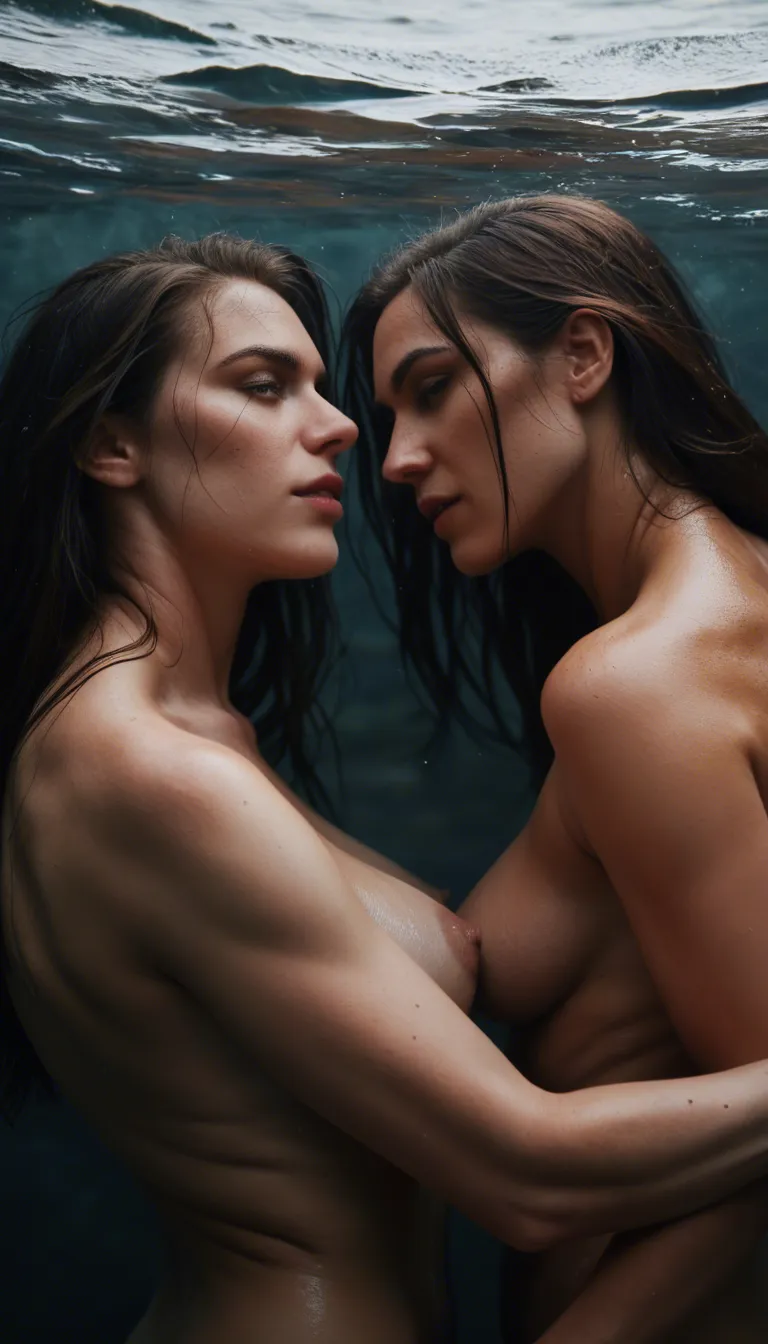 professional photo, high detail, side view, multiple women, missionary, bare arms, water, seductive look, dslr quality