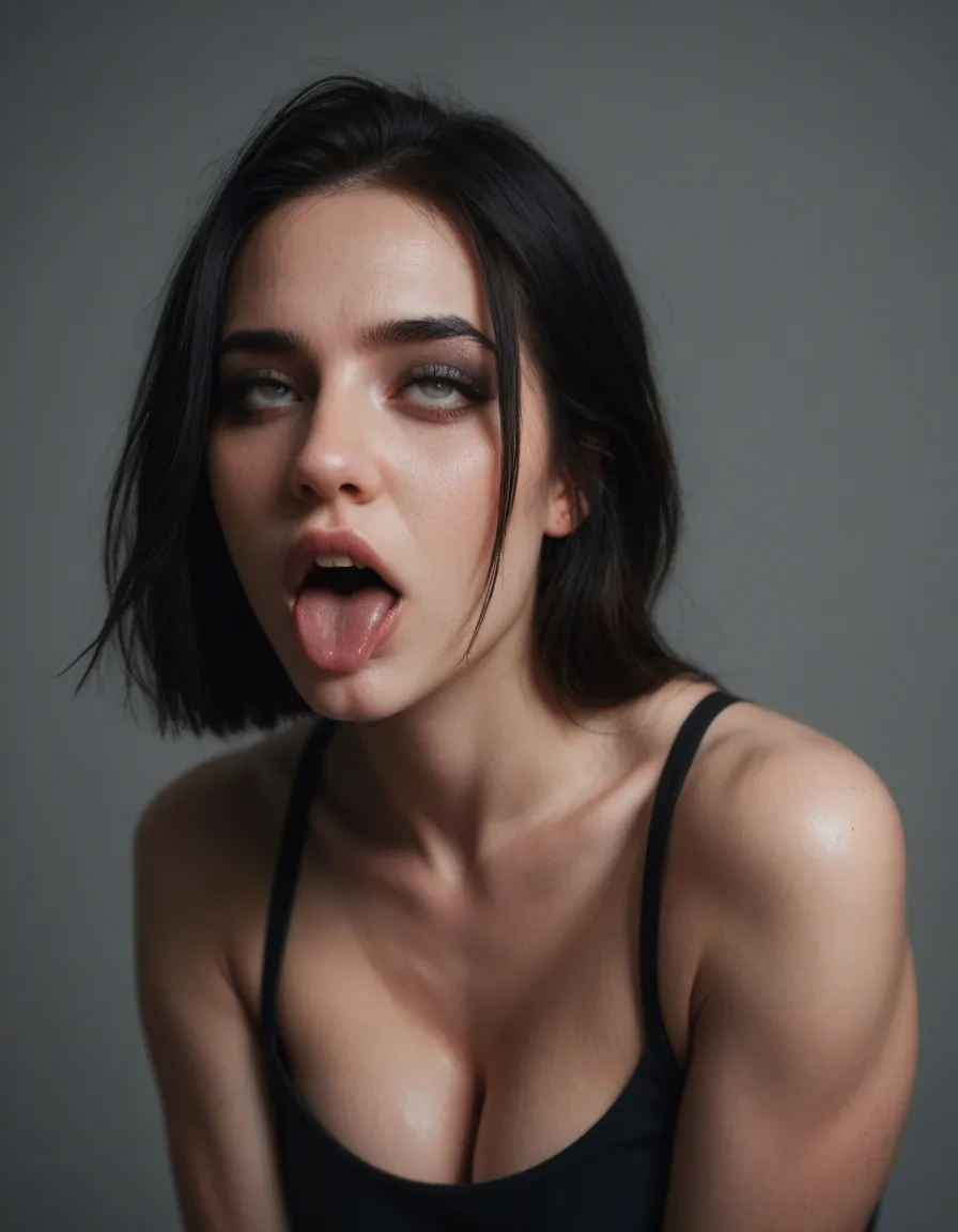 goth girl ahegao, score_9, score_8, candid photo, realistic skin texture, visible skin pores, film grain, depth of field