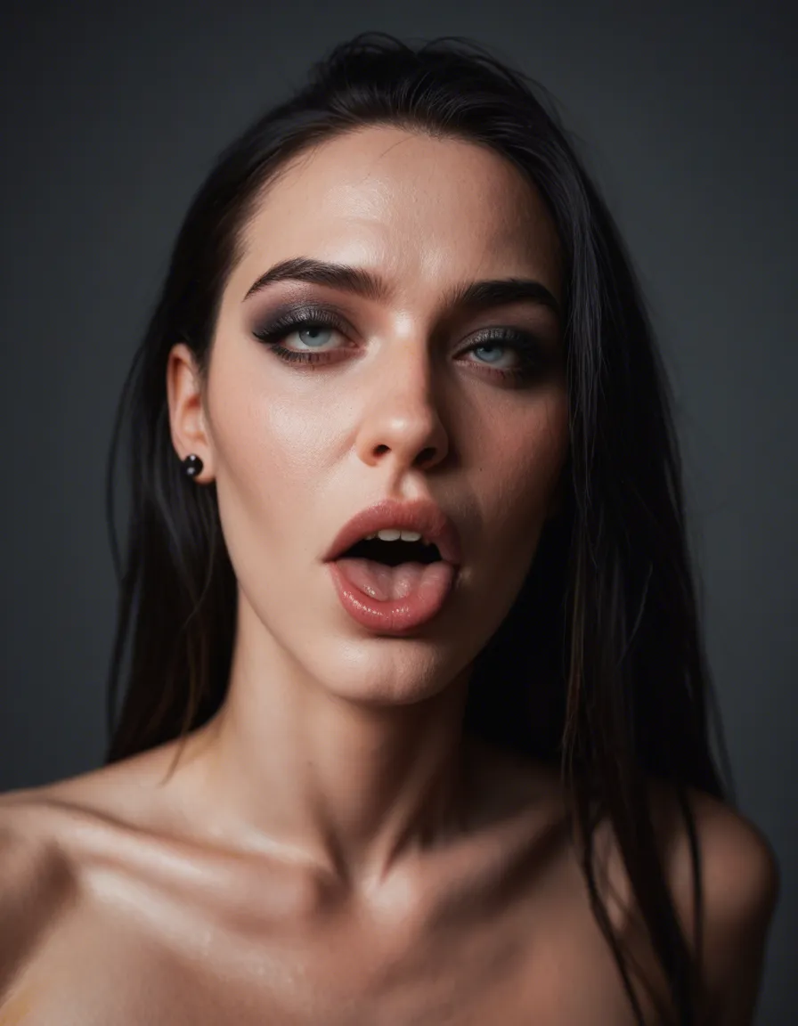 goth girl hyper realistic naked ahegao, score_9, score_8, candid photo, realistic skin texture, visible skin pores, film grain, depth of field