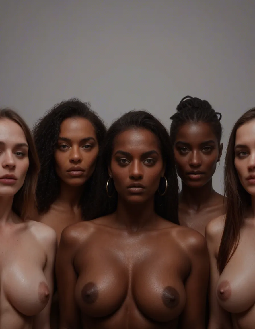 RAW photo, ultra realistic, 6+women, futanari, dark-skinned female, simple background, photorealistic, score_9, score_8, candid photo, realistic skin texture, visible skin pores, film grain, depth of field
