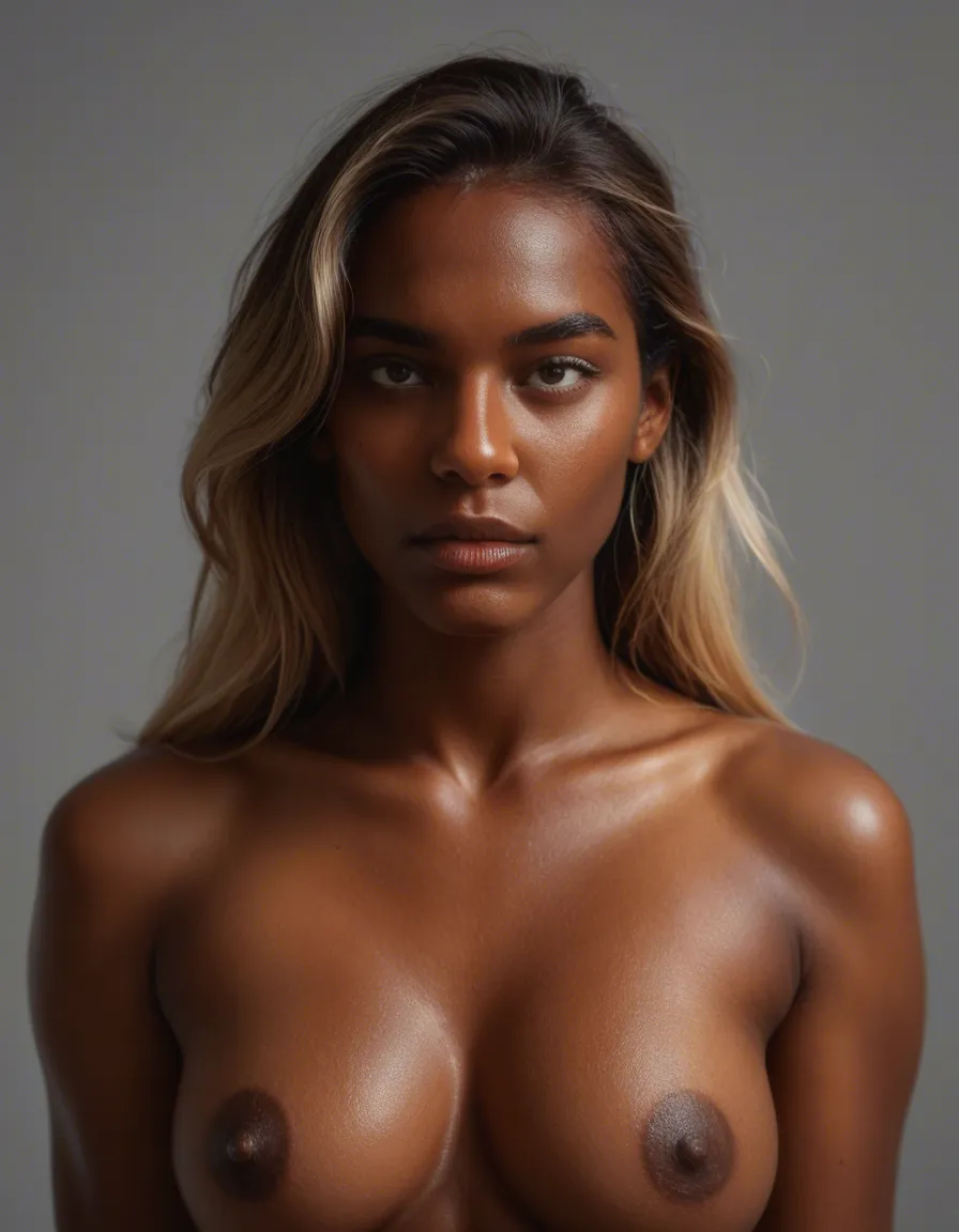 dslr, film grain, photorealistic, solo focus, topless, dark skin, grey background, playful expression, dslr quality, score_9, score_8, candid photo, realistic skin texture, visible skin pores, film grain, depth of field