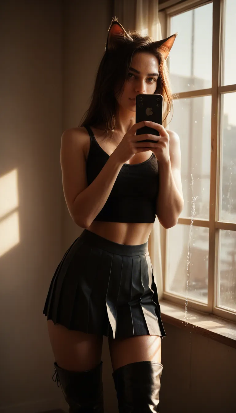 authentic lighting, clear, catgirl, thigh boots, pleated skirt, squirting, window, homemade aesthetic