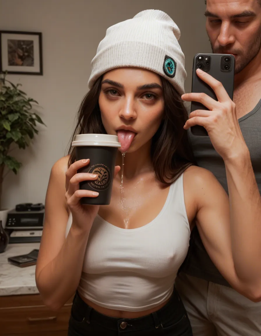 cute spanish woman, garden selfie, coffee in hand, beanie, content expression, white tank top, pouring coffee over herself, ripping off her clothes, man licks her body, fingers her milky wet vagina, studio quality, sharp focus, score_9, score_8, candid photo, realistic skin texture, visible skin pores, film grain, depth of field