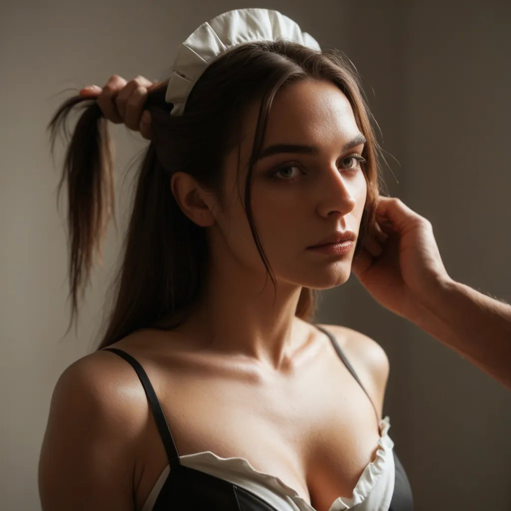 dslr, film grain, photorealistic, maid, parted bangs, elbow gloves, hair pull, natural skin texture