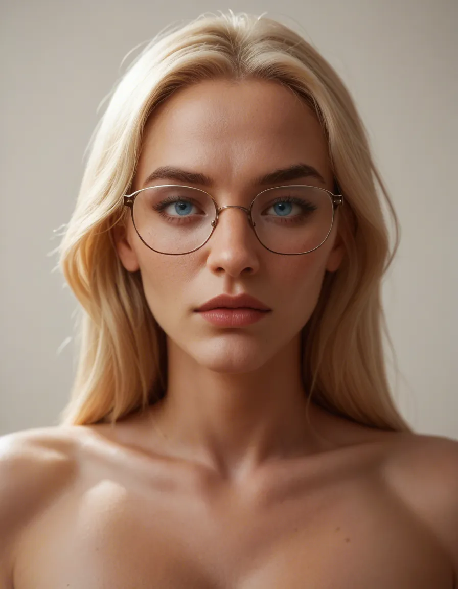 Nude short thicker blonde slight curls and glasses blue eyes librarian, score_9, score_8, candid photo, realistic skin texture, visible skin pores, film grain, depth of field