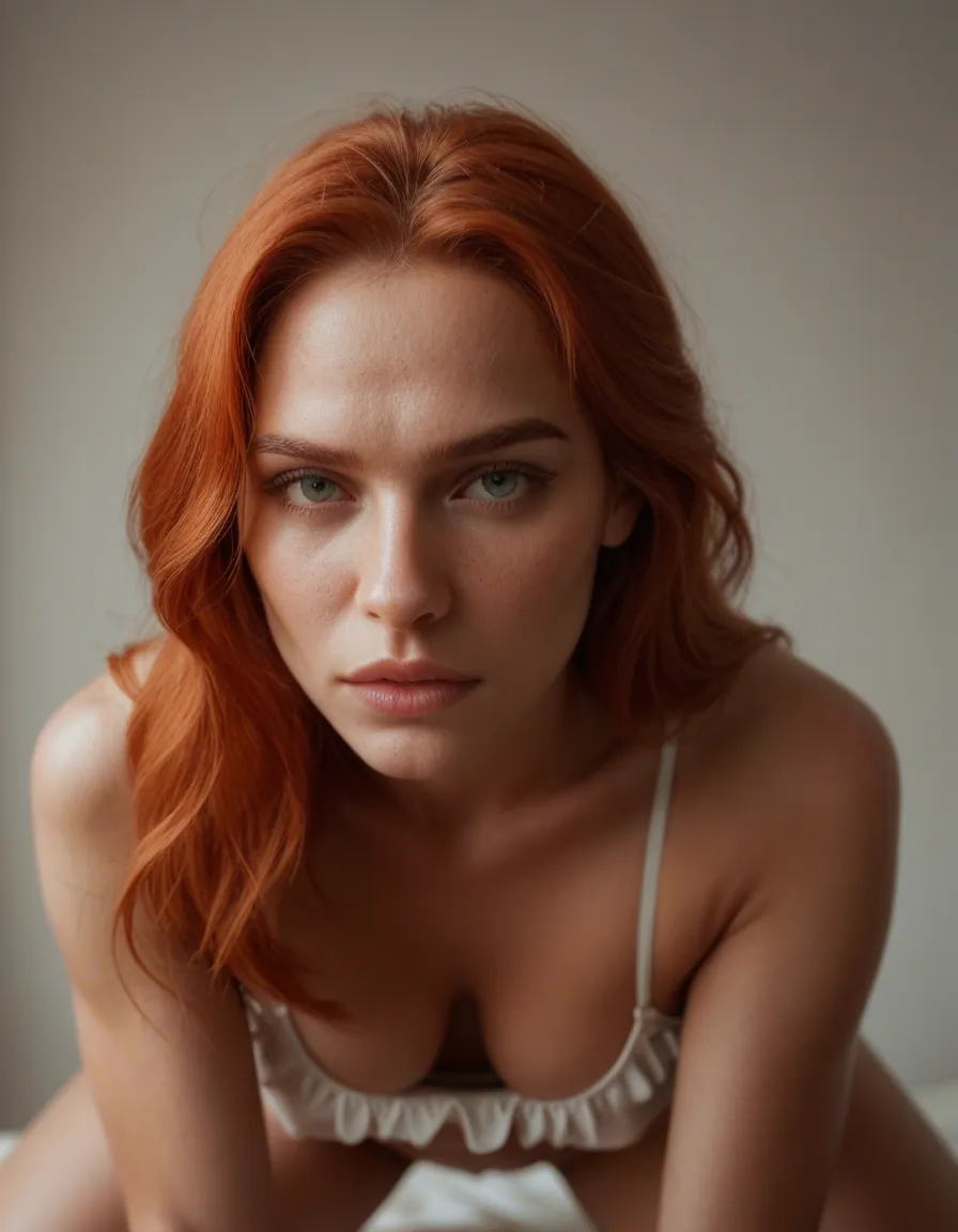 sharp focus, 8k uhd, redhead woman, thighs, frills, doggy style, gradient background, natural skin texture, score_9, score_8, candid photo, realistic skin texture, visible skin pores, film grain, depth of field