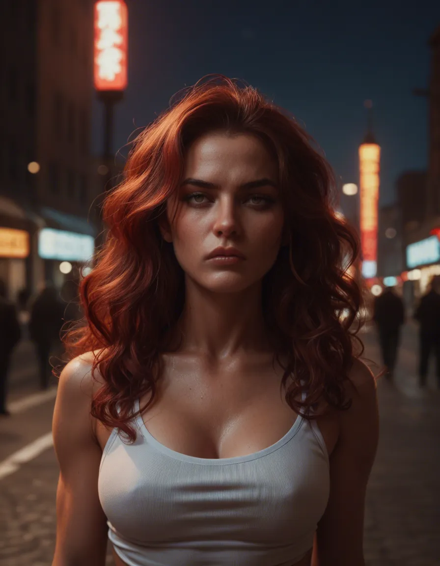 (best quality, award-winning photograph, sharp focus), score_9, score_8_up, score_7_up, city lights at night, (((at night))), beautiful model 18yo, (dark red hair), (wavy hair), amused, perfect body, 8k wallpaper, (skin pores 1.3), front view, facing viewer, looking at viewer, black latex suit, ((unzipped, showing breasts and navel), inviting smile, cinematic, movie still, hyperdetailed photography, 35mm photograph, film, professional, 4k, highly detailed, Depth of field F2. Rule of Thirds Composition), score_9, score_8, candid photo, realistic skin texture, visible skin pores, film grain, depth of field
