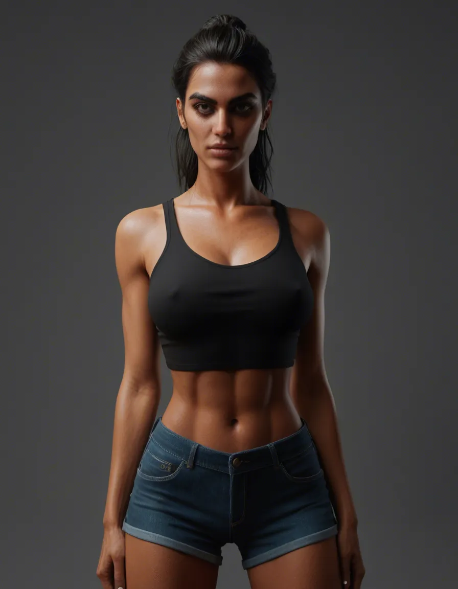 Arabian big tits big eyes med short_shorts, score_9, score_8, 3d render, octane render, subsurface scattering, ray tracing, smooth shading