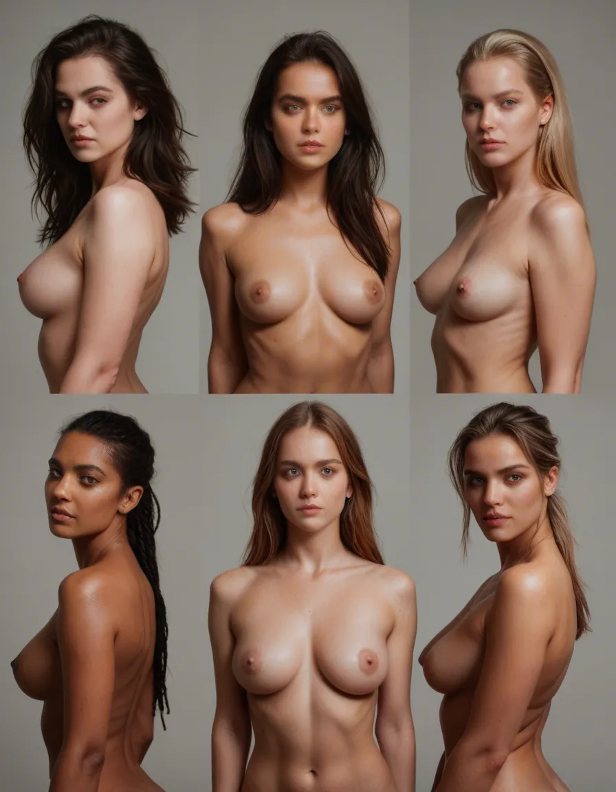 best quality, hyperrealistic, over the shoulder, 5girls, fully nude, wide hips, simple background, 8k uhd photo, score_9, score_8, candid photo, realistic skin texture, visible skin pores, film grain, depth of field