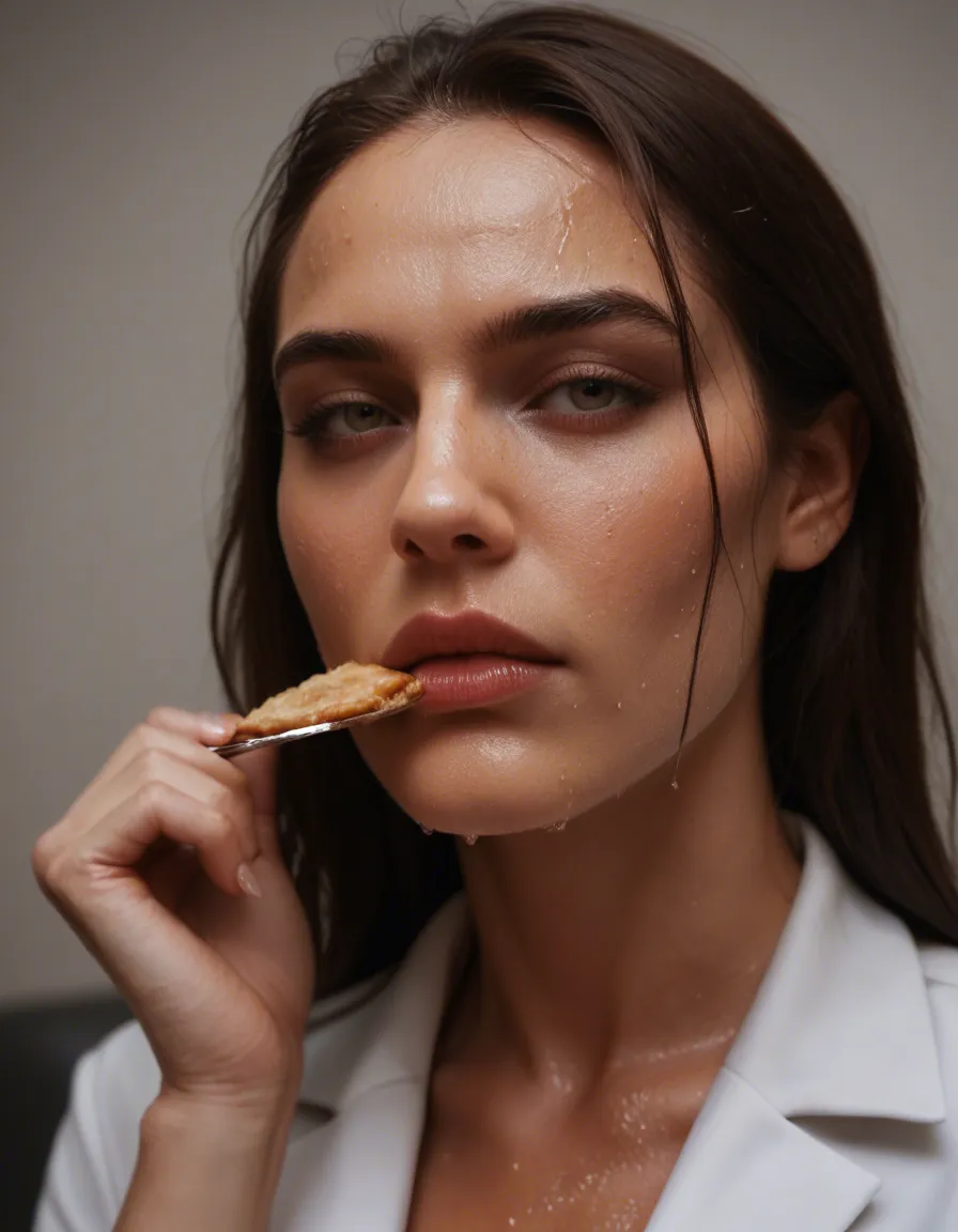 RAW photo, ultra realistic, office lady, barefoot, food, wet skin, futanari, close-up, golden hour, dslr quality, score_9, score_8, candid photo, realistic skin texture, visible skin pores, film grain, depth of field