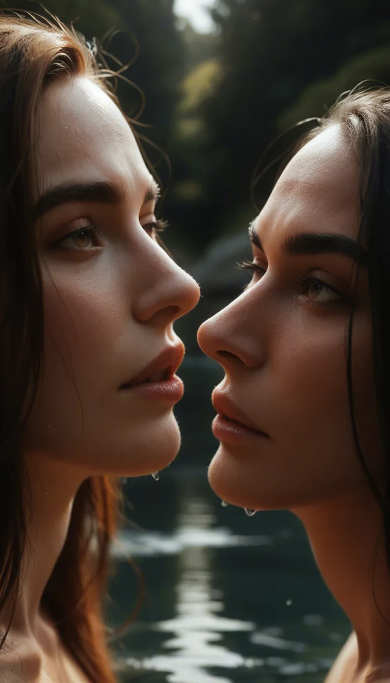 highly detailed, natural lighting, close-up, 2women, fully nude, skindentation, water, studio photo, score_9, score_8, candid photo, realistic skin texture, visible skin pores, film grain, depth of field