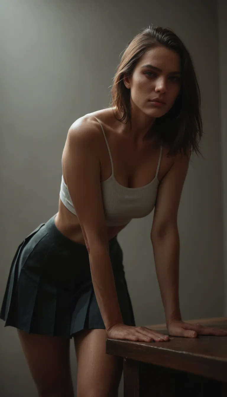 RAW photo, ultra realistic, 1boy, bare shoulders, pleated skirt, bent over, depth of field, medium shot, dramatic lighting
