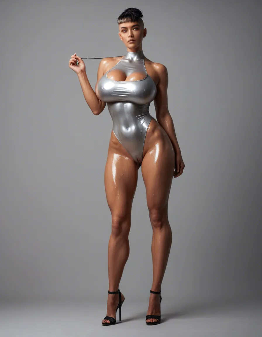 8k, sharp focus, detailed skin, solo, Bare arms, silver shiny skin tight high cut swimsuit. Oiled body. Gigantic fake breasts cleavage high_heels pussy, score_9, score_8, candid photo, realistic skin texture, visible skin pores, film grain, depth of field