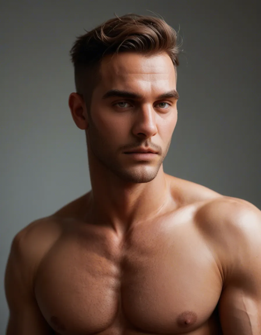 Sexy gay men who are tan and shaved fuck each other_focus, score_9, score_8, candid photo, realistic skin texture, visible skin pores, film grain, depth of field