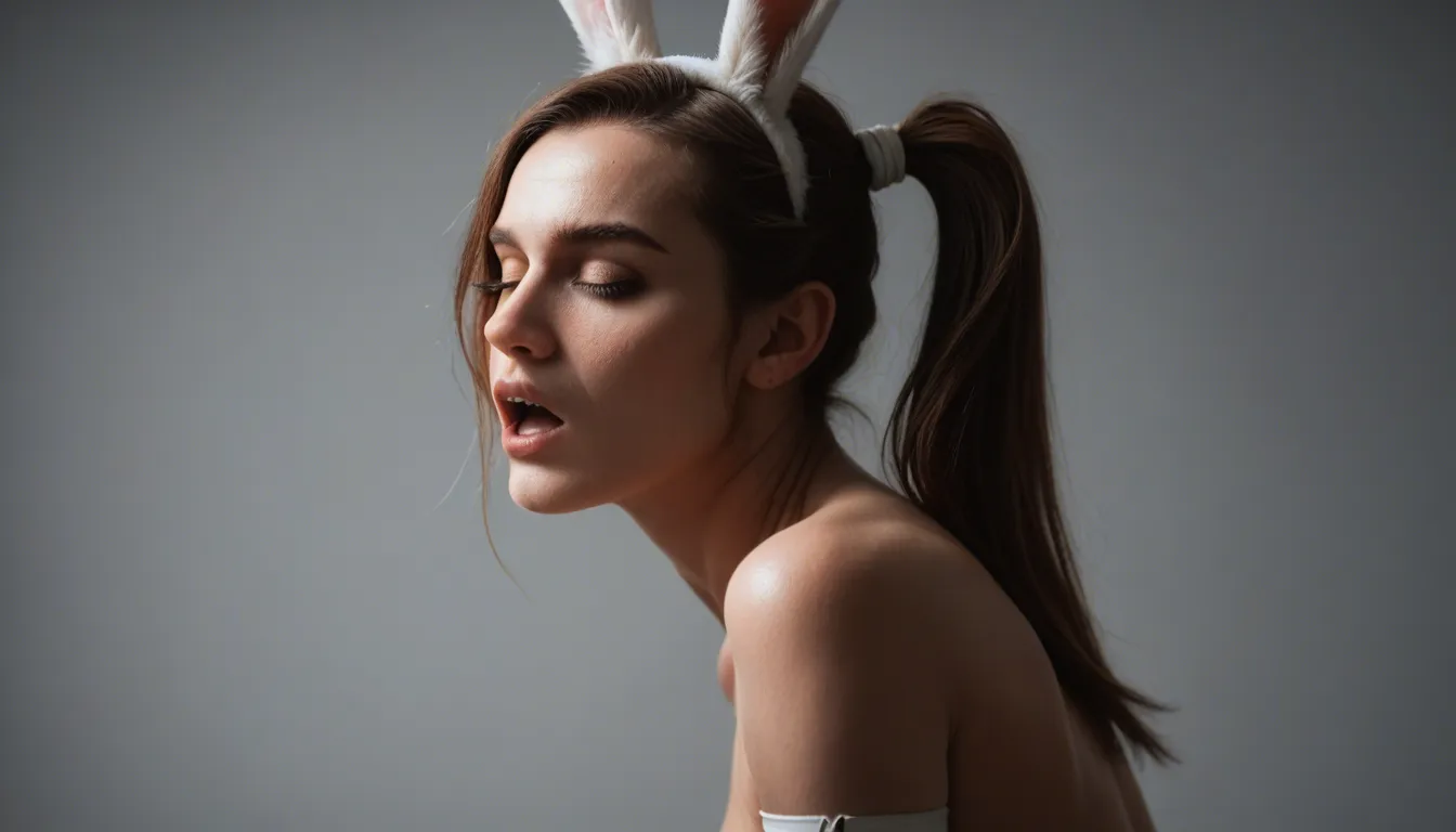 best quality, hyperrealistic, bunny girl, side ponytail, elbow gloves, moaning, cinematic realism