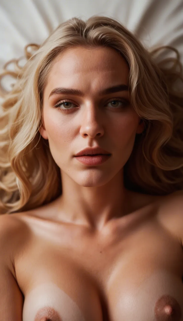 cinematic photo, 8k, blonde woman, curly, bow, teasing, neon glow, natural skin texture, 22 yo, pov missionary