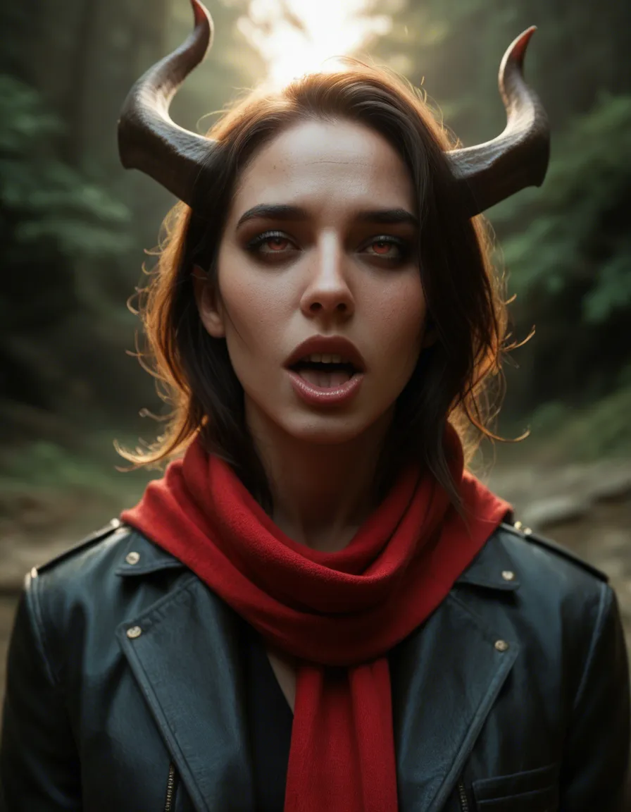 highly detailed, natural lighting, three-quarter view, succubus, ahegao, scarf, relaxed mood, cinematic realism, score_9, score_8, candid photo, realistic skin texture, visible skin pores, film grain, depth of field