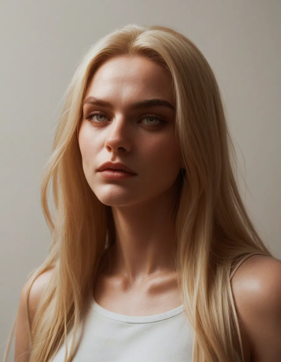 young woman with very long, straight blonde hair, with slightly darker roots and a subtle center part. She has fair skin, light-colored eyes, softly defined eyebrows, and a neutral expression with her head tilted slightly to one side.

She’s wearing a fitted burgundy long-sleeve top, dark bottoms, and a delicate gold necklace with a small light-colored pendant. She also appears to be wearing small stud earrings.

The photo is taken indoors in a dimly lit room, possibly a bedroom or living area. The background has dark walls or shadows, a piece of wall art, and a hanging light fixture. The image is slightly blurry, with soft, uneven lighting.

Overall, the photo has a casual, low-light smartphone-snapshot feel. Giving footjob nude, score_9, score_8, candid photo, realistic skin texture, visible skin pores, film grain, depth of field