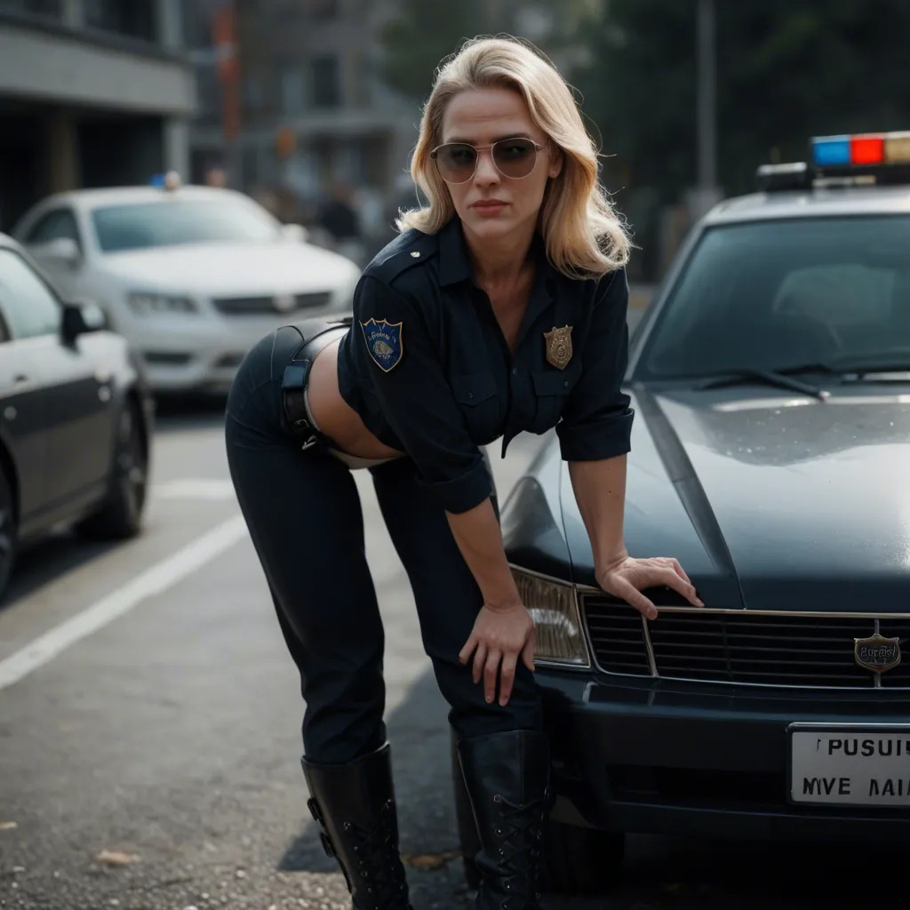 A blonde milf, wearing sunglasses, a police uniform, black uniform pants, white panties, and black work boots, standing, leaning forward on police car, having doggystyle sex with a police officer with a large penis. Her pants and panties are around her ankles. Backlit, photorealistic, sharp focus.