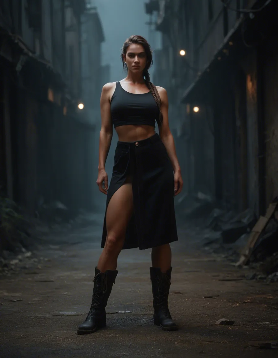 ultra HD, lifelike, brunette woman, single braid, boots, presenting, moonlight, 8k uhd photo, score_9, score_8, candid photo, realistic skin texture, visible skin pores, film grain, depth of field