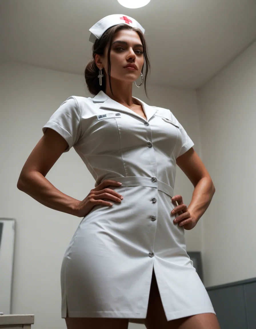 best quality, hyperrealistic, nurse, hand on own hip, earrings, presenting, low angle, spotlight, natural skin texture, score_9, score_8, candid photo, realistic skin texture, visible skin pores, film grain, depth of field