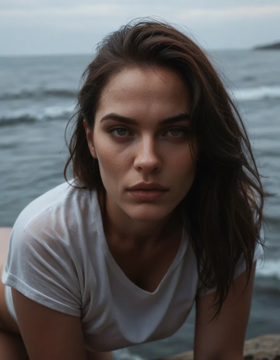 RAW photo, ultra realistic, 1woman, skindentation, shirt, doggy style, water, portrait, film photography, score_9, score_8, candid photo, realistic skin texture, visible skin pores, film grain, depth of field