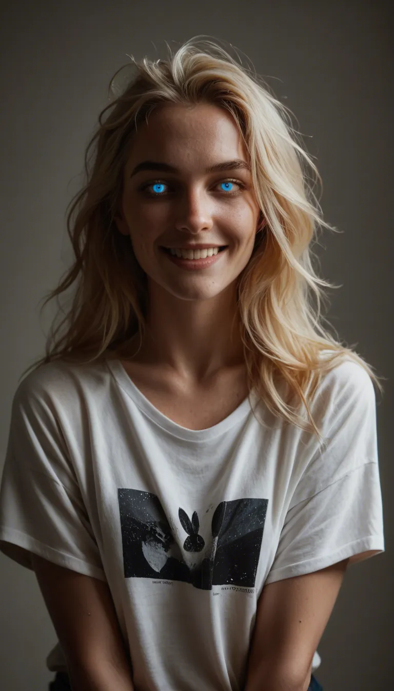 dslr, film grain, photorealistic, bunny woman, blonde_hair, messy_hair, blue eyes, glowing_eyes, smile lifts up shirt shows boobs and cum drips down her mouth as she opens it