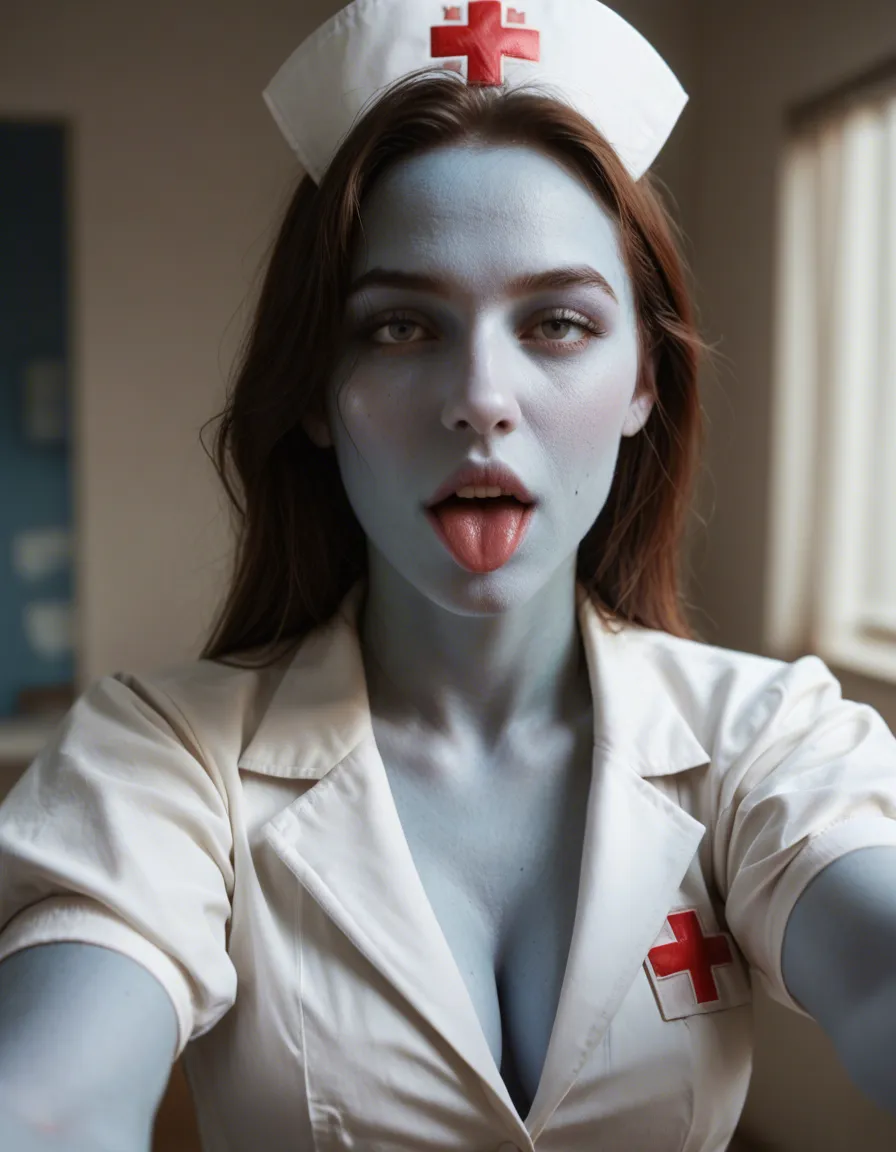 ultra HD, lifelike, nurse, colored skin, puffy sleeves, selfie pose, ahegao, blurry background, photorealistic, score_9, score_8, candid photo, realistic skin texture, visible skin pores, film grain, depth of field