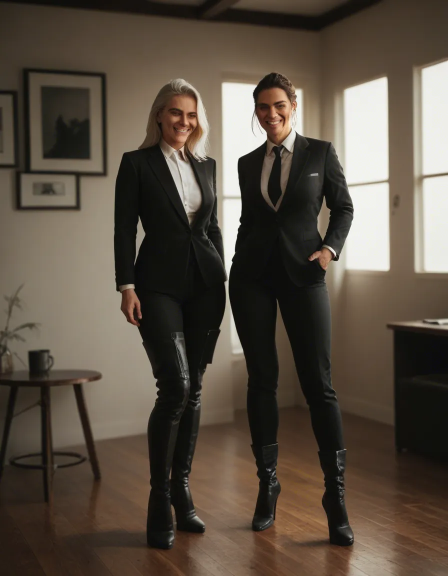 professional photo, high detail, 2women, bondage, thigh boots, indoors, teasing grin, dslr quality, score_9, score_8, candid photo, realistic skin texture, visible skin pores, film grain, depth of field