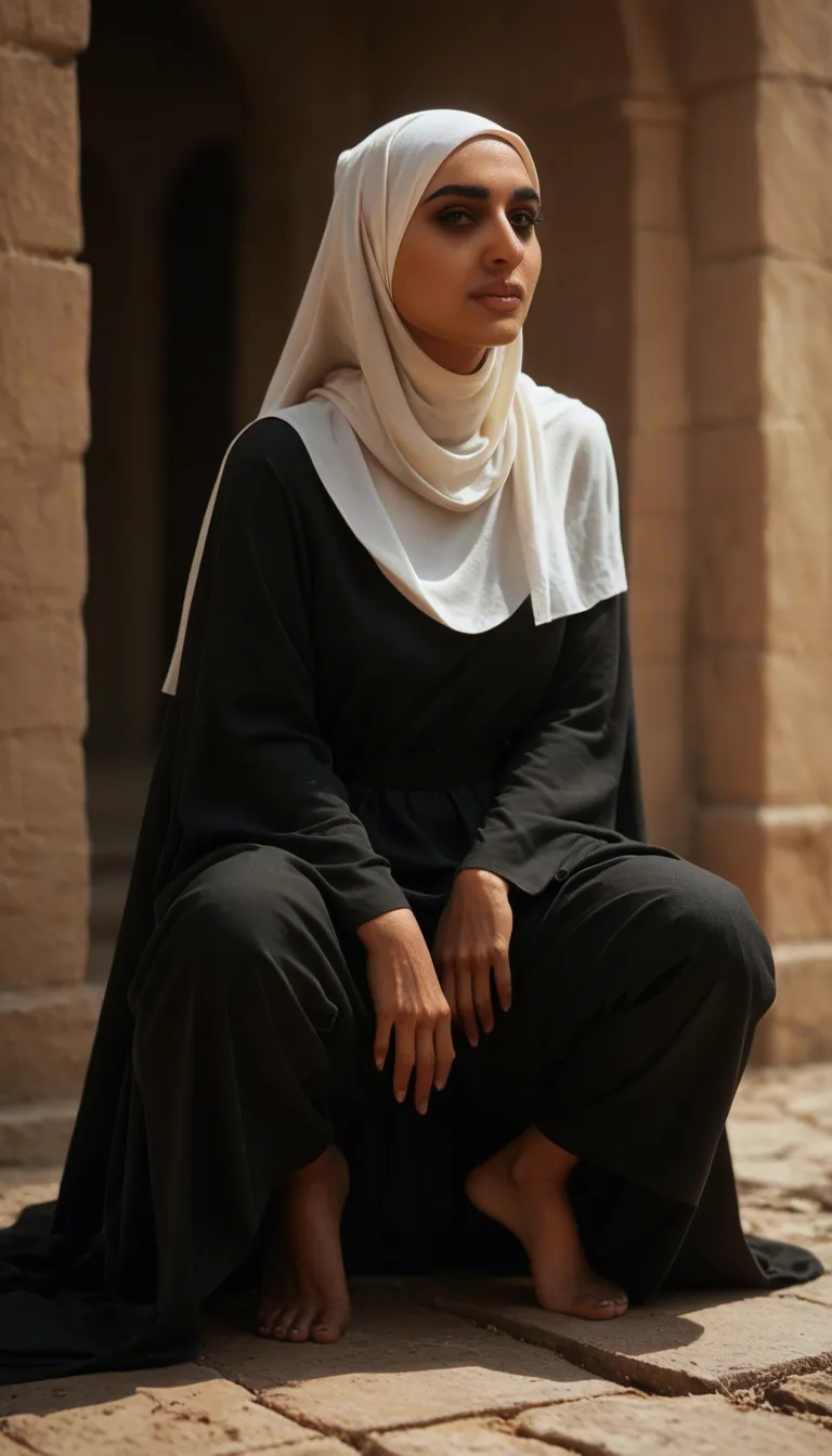 Shes 60 years old and wears a hijab , very muslim and Religious . Shes wearing long skirt. Shes squatting in the village with her shalwar pulled down, revealing her pussy. Shes wearing fishnet stockings underneath. She looks pretty angry. Shes fat and tall. Shes wearing high heels. She has a long-sleeved T-shirt on, but shes not wearing a braher plump, sagging breasts are visible. Her vagina is clearly visible; it looks a little wet, as if something is leaking out