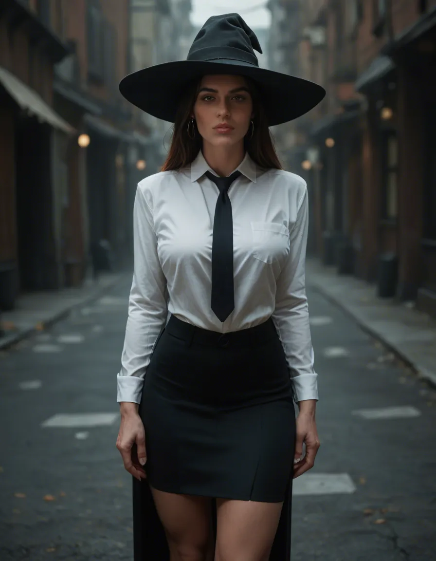 professional photo, high detail, witch, black skirt, presenting, film photography, score_9, score_8, candid photo, realistic skin texture, visible skin pores, film grain, depth of field