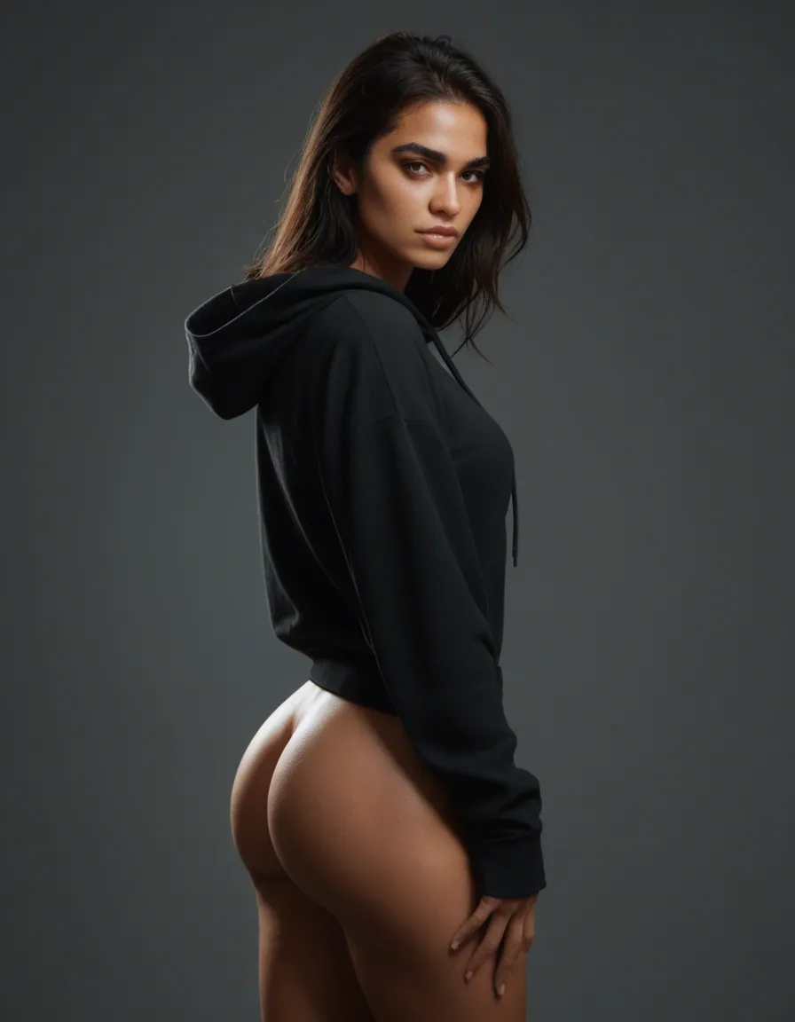 latina 18 years, round boobs, very big round ass, tomboy, black_hoodie, no no_pants, score_9, score_8, candid photo, realistic skin texture, visible skin pores, film grain, depth of field