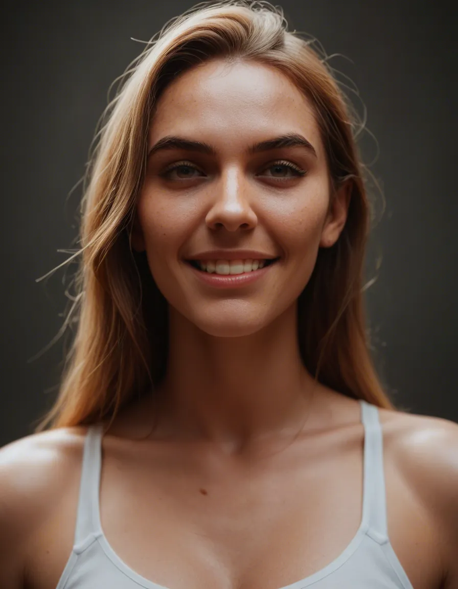 sharp focus, 2k, solo, short, petite, 18, teasing grin, lifelike render, score_9, score_8, candid photo, realistic skin texture, visible skin pores, film grain, depth of field