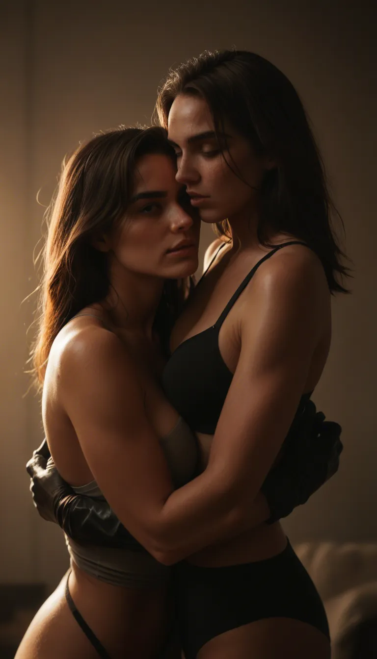 dslr, film grain, photorealistic, brunette woman, armpits, gloves, embrace, grinding, dramatic lighting, natural skin texture