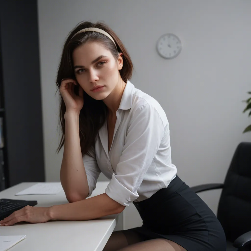 RAW photo, ultra realistic, office lady, hairband, pantyhose, futanari, ambient glow, studio photo