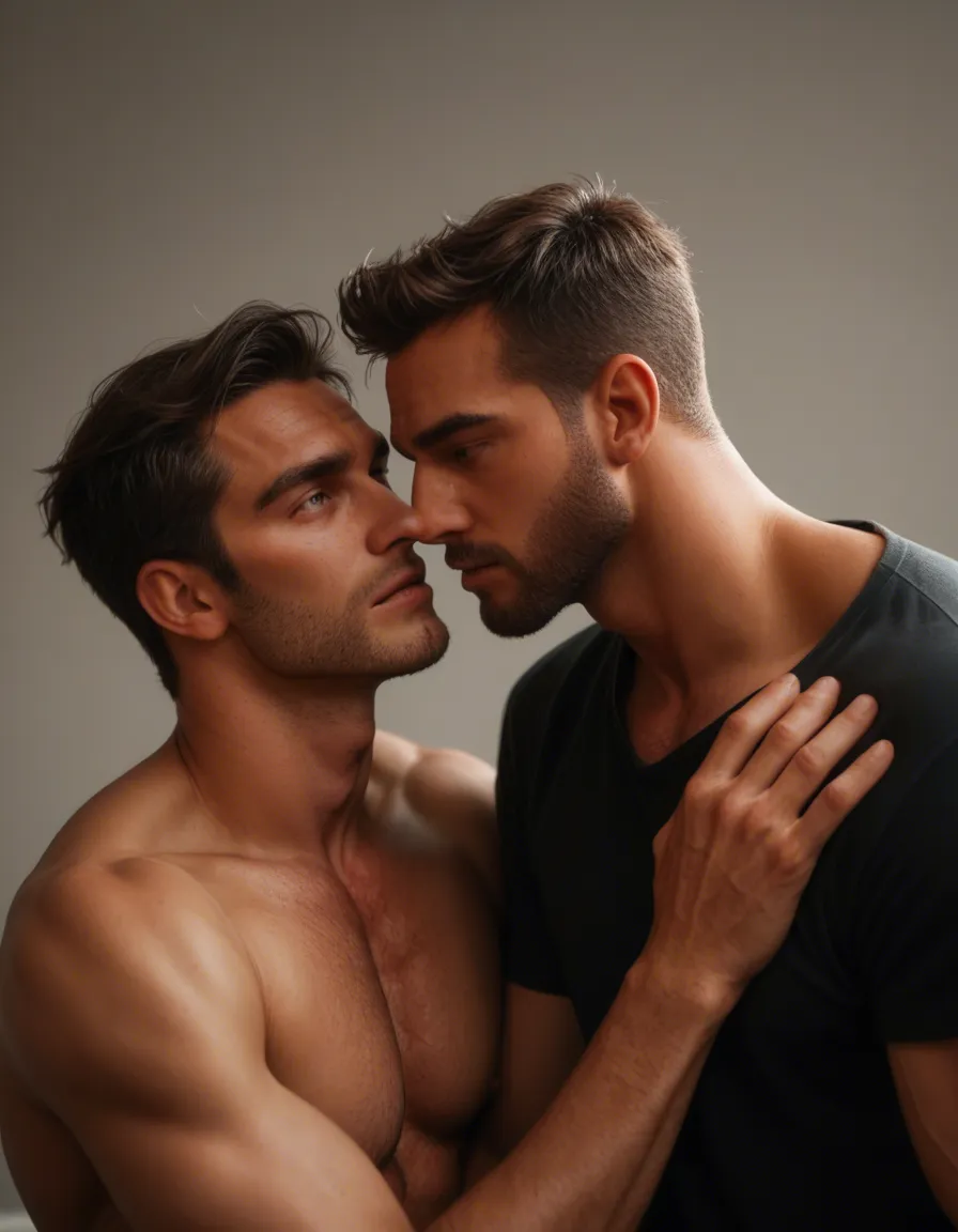 Gay men making love with each other, score_9, score_8, candid photo, realistic skin texture, visible skin pores, film grain, depth of field