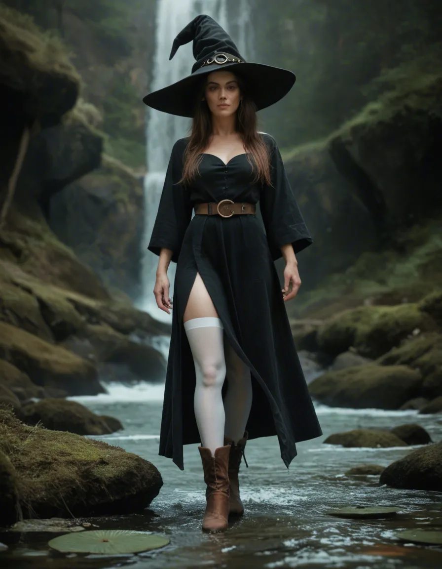 RAW photo, ultra realistic, witch, white thighhighs, boots, presenting, water, photorealistic, score_9, score_8, candid photo, realistic skin texture, visible skin pores, film grain, depth of field