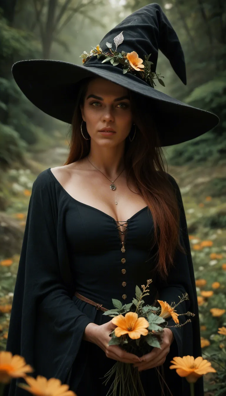 sharp focus, 8k uhd, witch, sidelocks, flower, teasing, 8k uhd photo