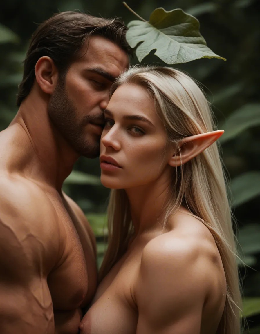cinematic photo, 8k, extreme close-up, elf woman, fully nude, muscular male, leaf, tender moment, RAW photo, score_9, score_8, candid photo, realistic skin texture, visible skin pores, film grain, depth of field