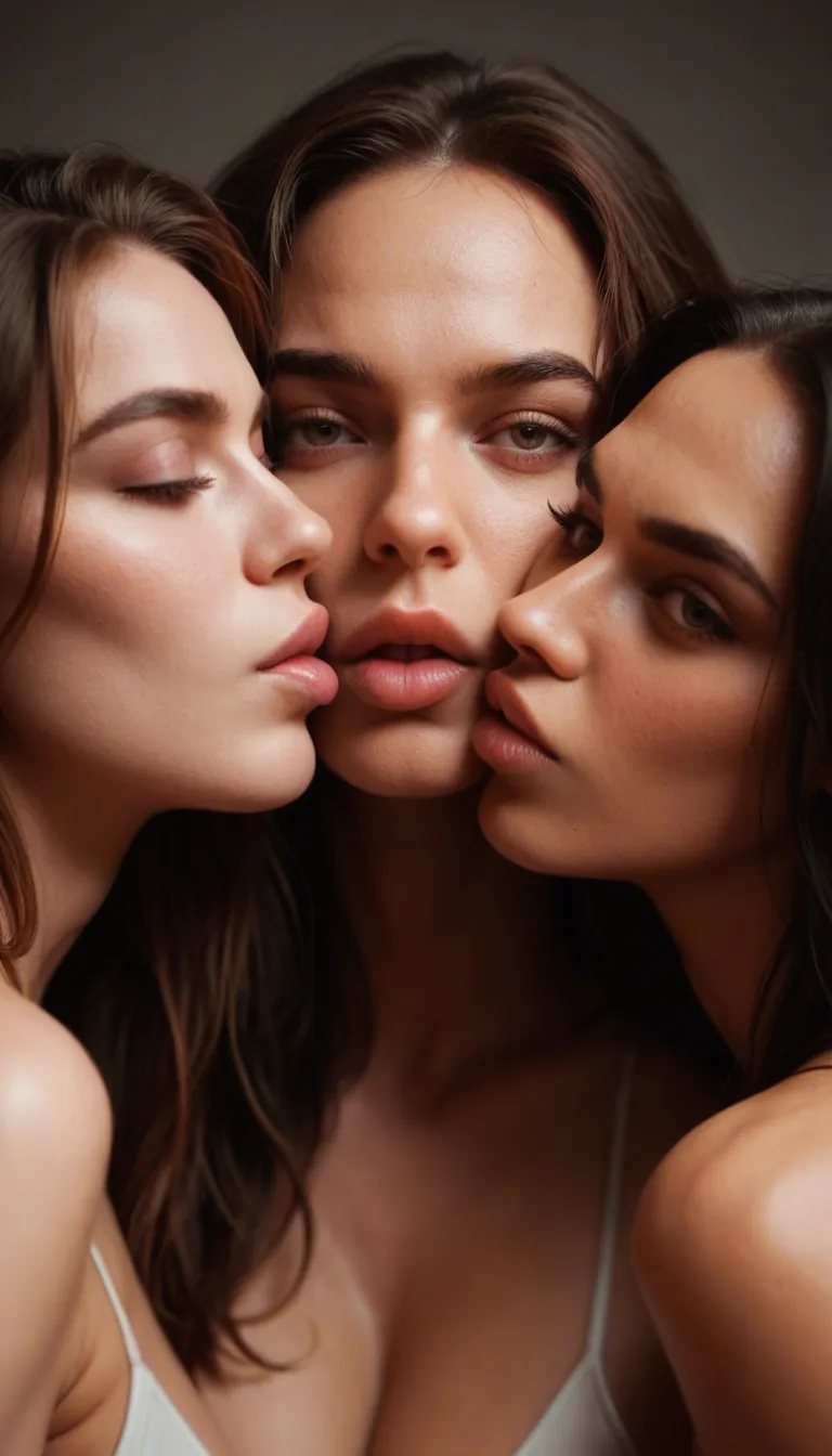 Three women kissing on the lips.