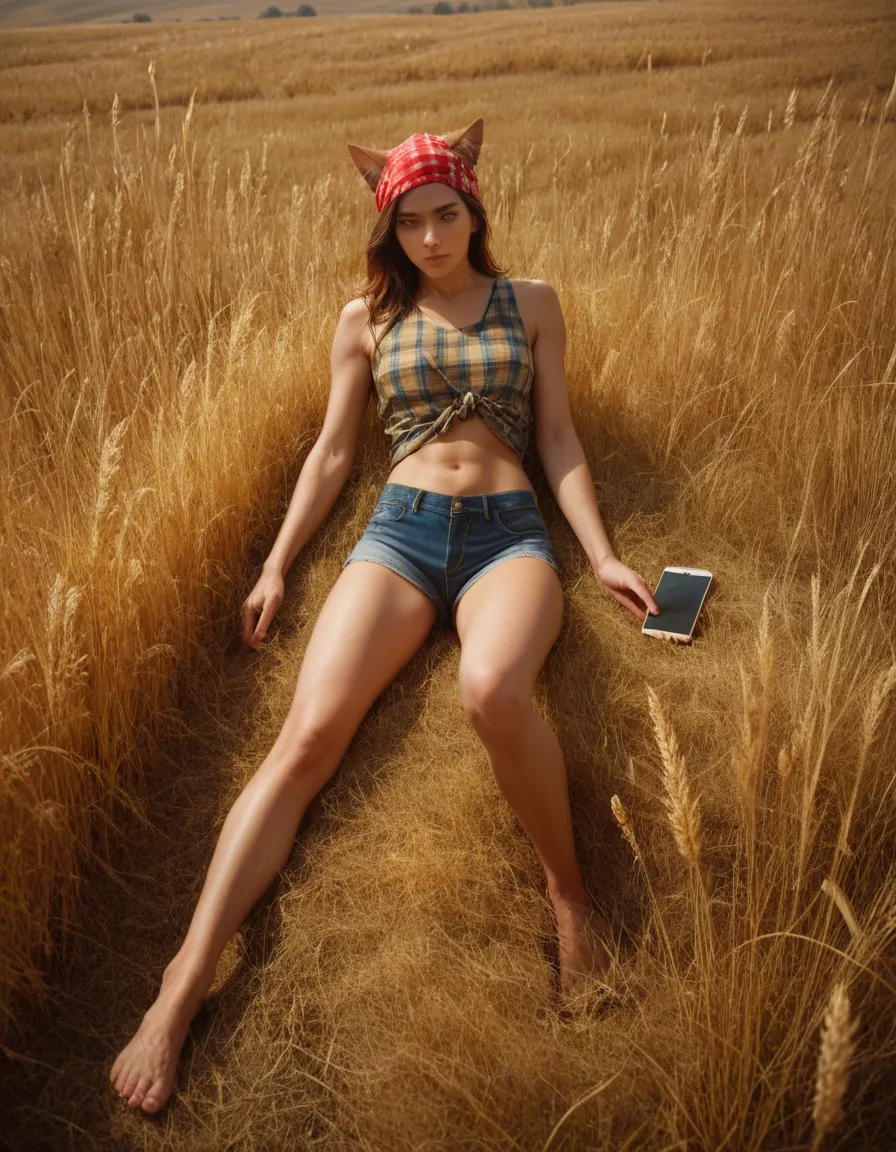 Anime style, catgirl, brown hair, yellow eyes, light tan skin, open flannel tank top, no pants, bandana around head, midriff, laying in wheat field, full body view, score_9, score_8, amateur photo, phone snapshot, realistic skin texture, skin blemishes, soft indoor lighting