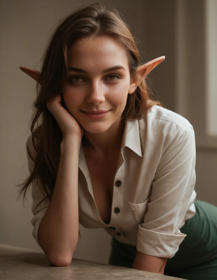 best quality, hyperrealistic, elf girl, bent over, buttons, shy smile, cinematic realism, score_9, score_8, candid photo, realistic skin texture, visible skin pores, film grain, depth of field
