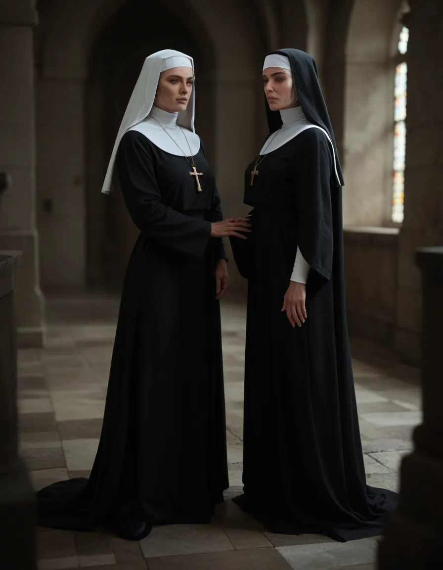 2girls, futa_with_female, nun, full_body, fellatio, score_9, score_8, candid photo, realistic skin texture, visible skin pores, film grain, depth of field