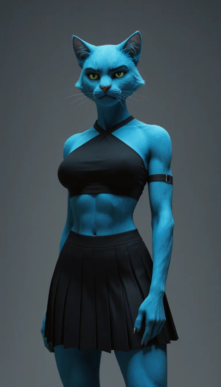 A stylized cyan-blue anthropomorphic character with cat-like ears, smooth rounded body proportions, wearing a black skirt and black arm bands, confident pose with one eye closed, anime art style, soft gradient lighting, teal and turquoise color palette, playful and bold mood, has extreamly big tits, she is curby, She has bangs covering her face, her two eyes, eyebrows, except for the mouth, has nipples, looks huggable, her hair has slightly dark cyan color, she shows her extreamly big opened pussy, she is getting fucked