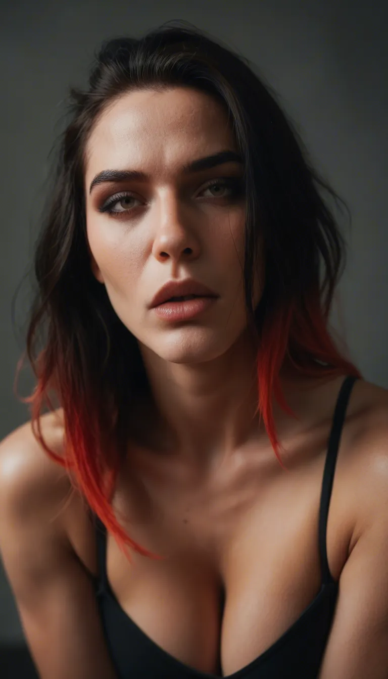 A goth woman in a sexy outfit with dyed hair sloppily deepthroating a dick while it cums in her mouth