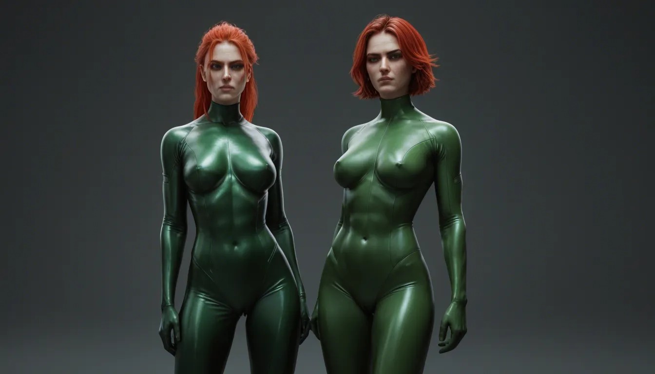red hair, green latex suit playing with her pussy