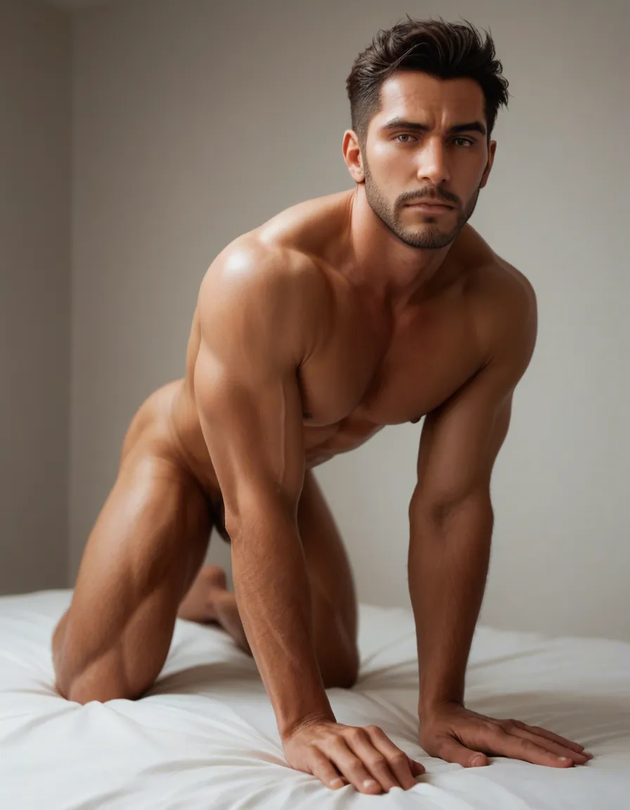Best quality original anime style bara themed isshin kurosaki (the dad from the bleach series) naked preparing to enter a twink on all fours, score_9, score_8, candid photo, realistic skin texture, visible skin pores, film grain, depth of field