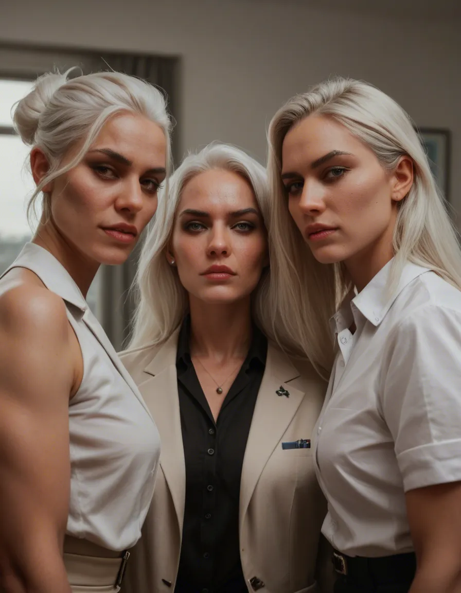 professional photo, high detail, 3girls, white hair, ribbon, futanari, RAW photo, score_9, score_8, candid photo, realistic skin texture, visible skin pores, film grain, depth of field
